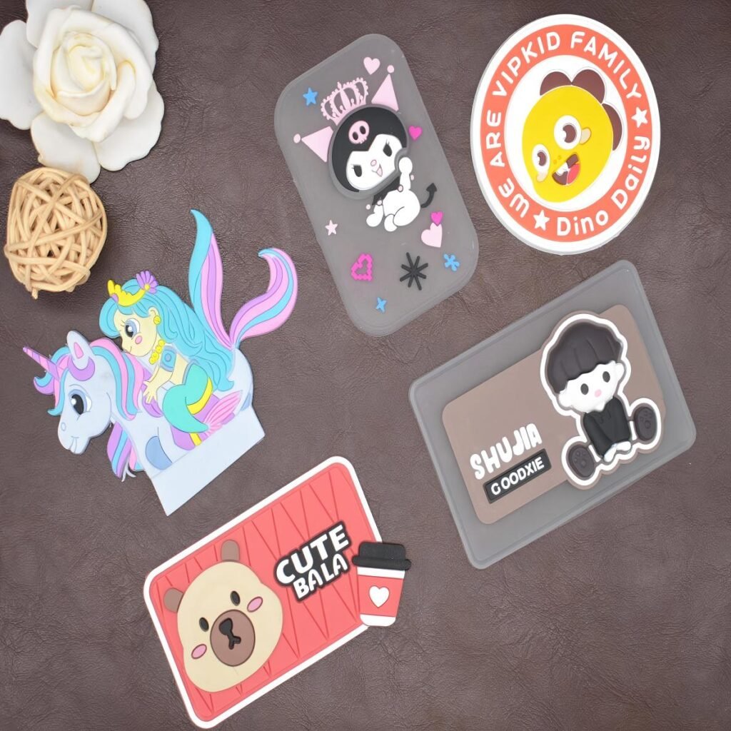 Custom 3D silicone rubber labels with multi-color cartoon characters for children clothing brand designs