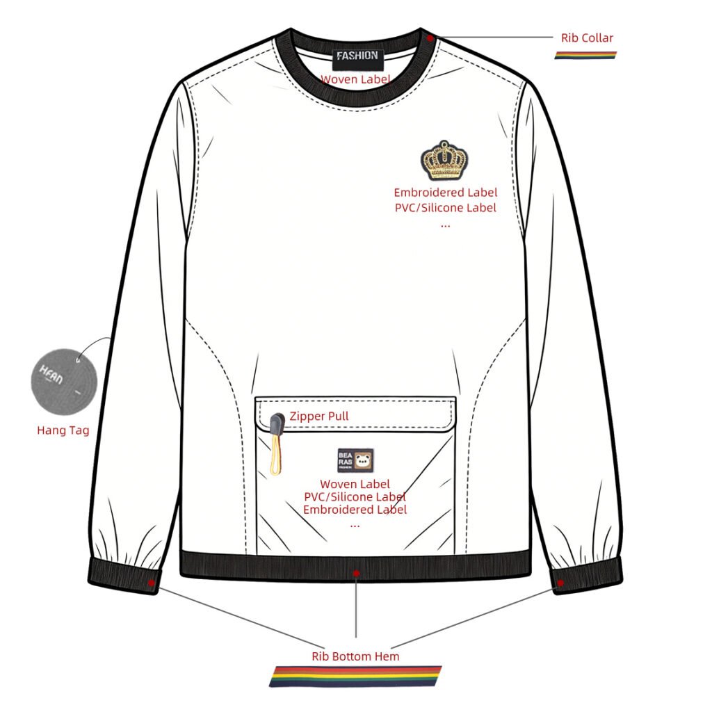 Professional application diagram of various garment accessories on high-end apparel including ribbing and tags.