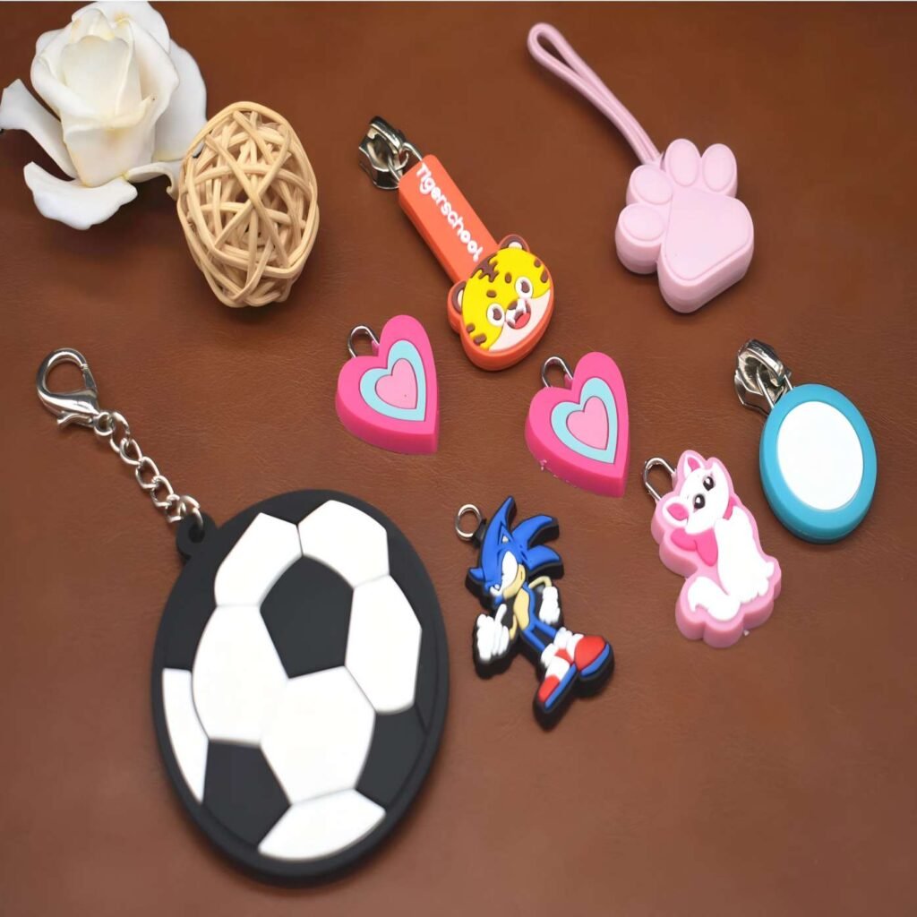 Vibrant custom PVC zipper pull clothing bags hanging pendant featuring various cartoon characters.