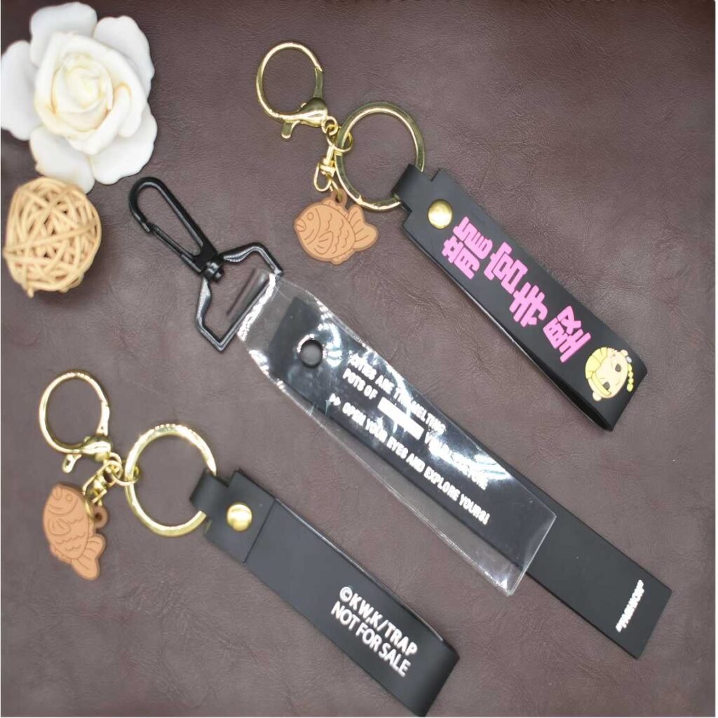 Premium promotional keychains and clothing bags hanging pendant featuring modern typography and brand logos.
