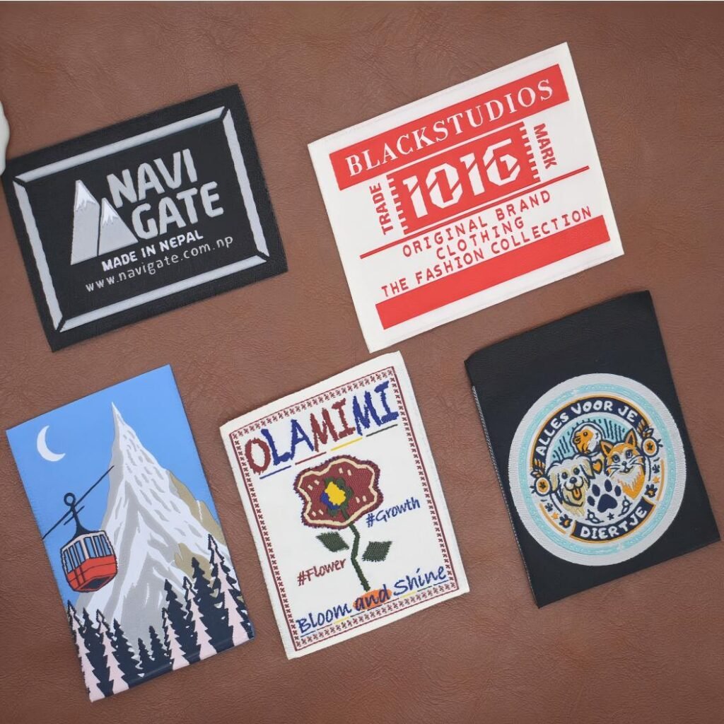 High-quality Thick woven clothing labels displayed on professional leather background.